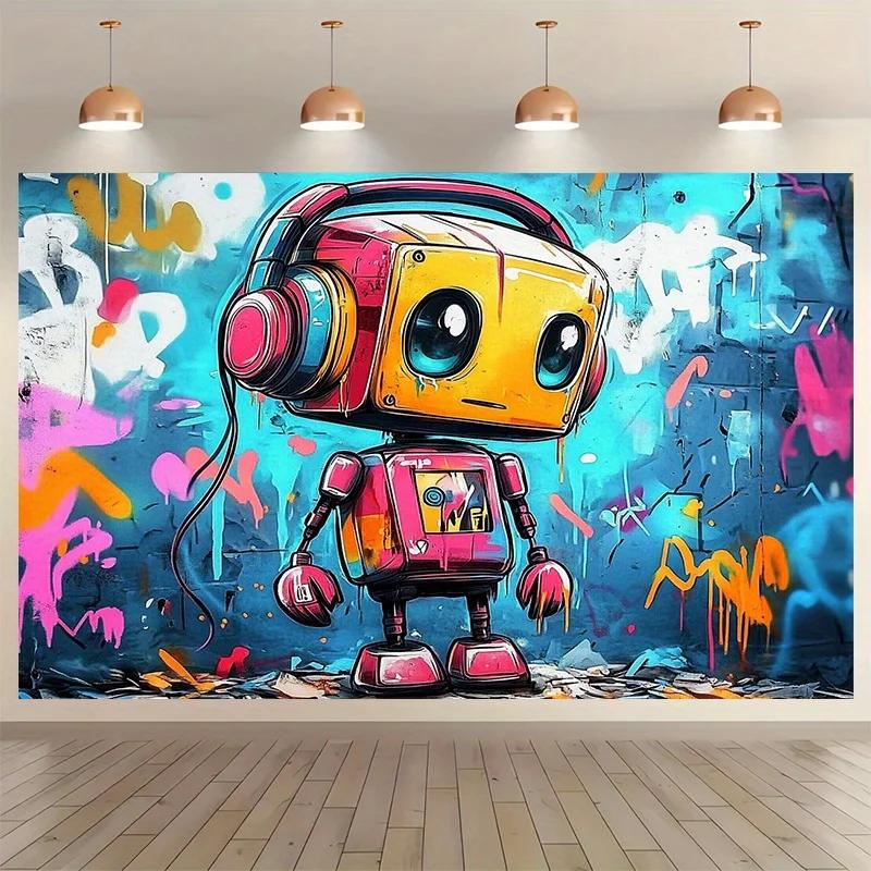 1pc Whimsical Grafitti Robot Photography Backdrop & Party Banner Polyester Fabric - Versatile Decoration for All Seasons