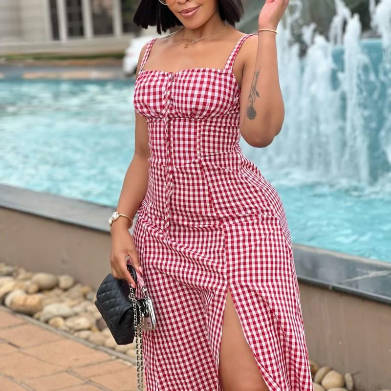 Womens Square Neck Sleeveless Plaid Wrap Fit Midi Dress With Side Slit High Waist A-Line
