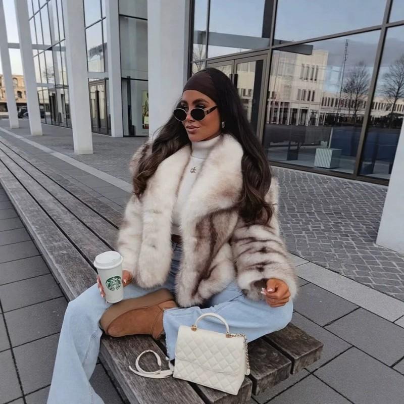 Womens Faux Fur Coat Winter Striped Oversized Collar Thick Streetwear