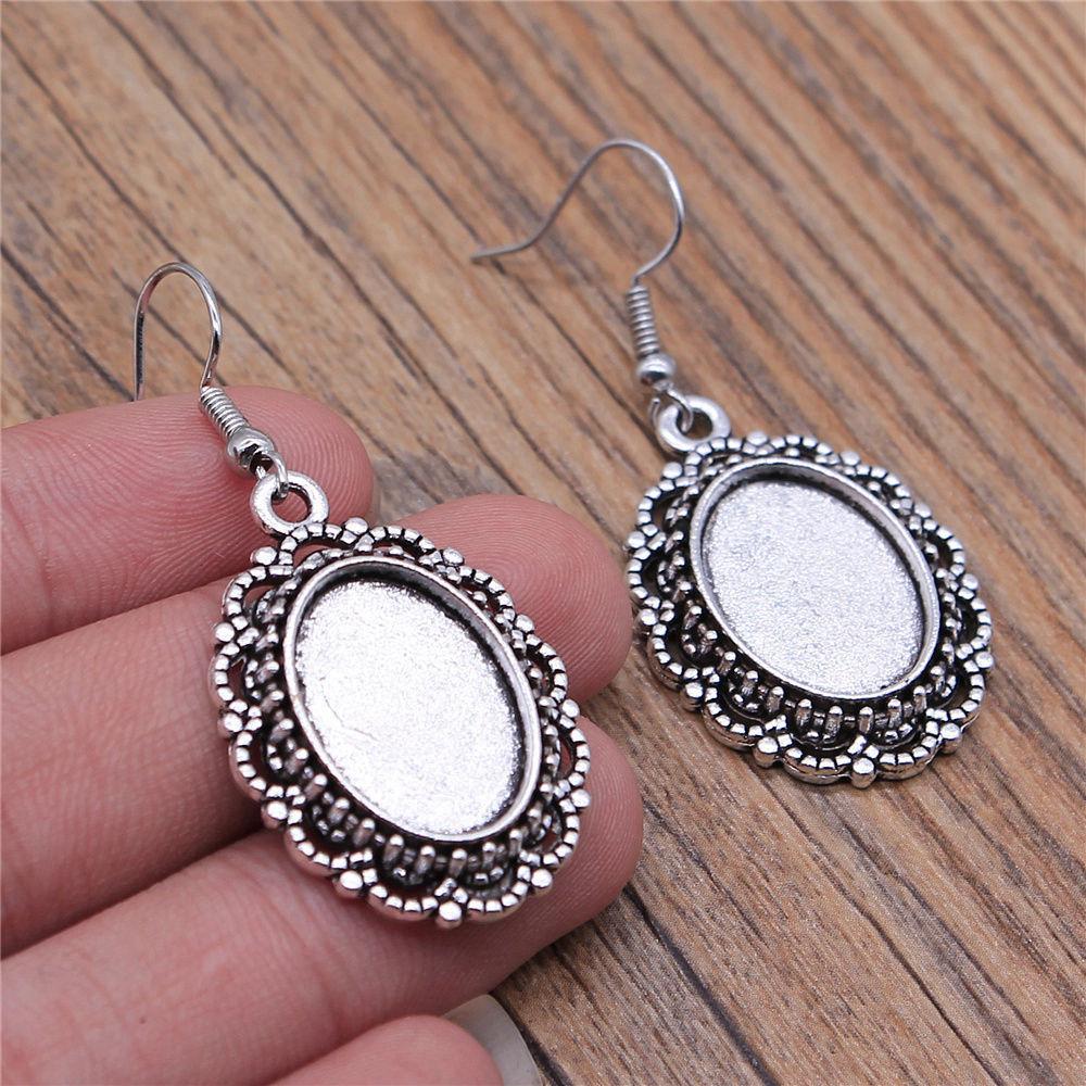 Drop & Dangle Earring Oval Ear Hook Glass Cabochon Base Setting Tray Vintage Jewelry SuppliesEarring Size 18x19mm QE017