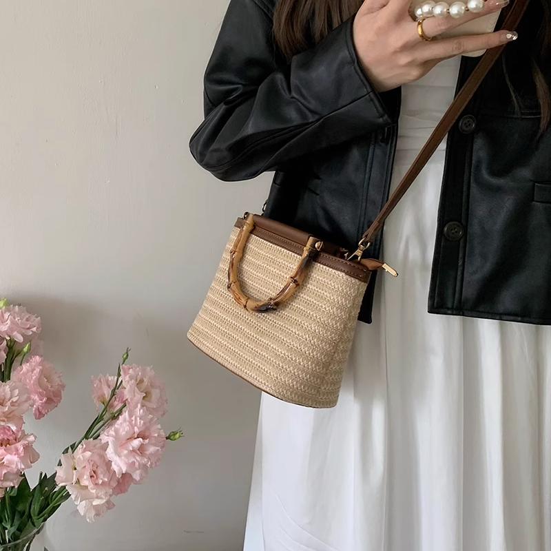 Женские соломенные плетеные сумки через плечо, женские ретро-сумки через плечо, летние пляжные сумки для отдыха на море, повседневные сумки с бамбуковыми ручками