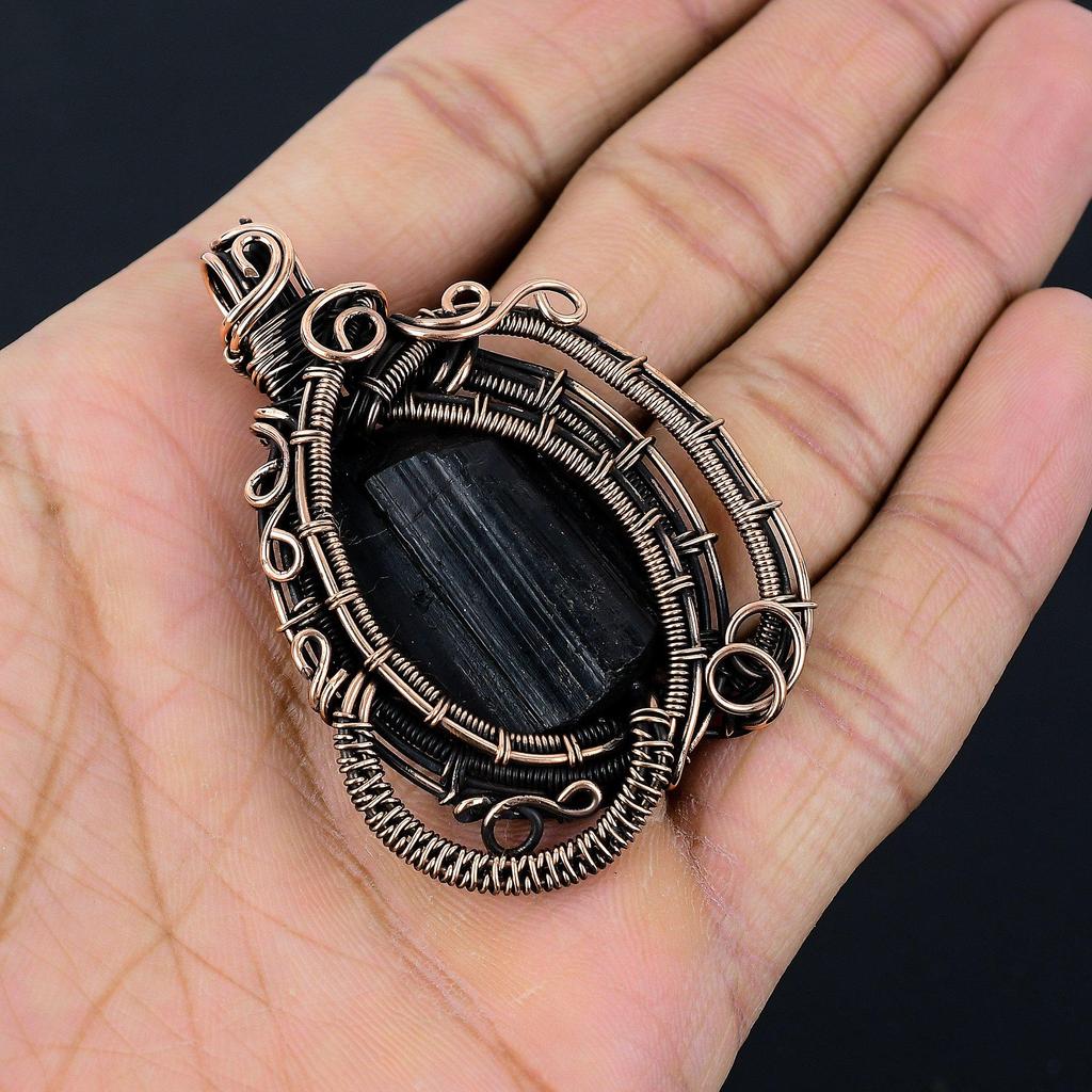 Подвеска из черного турмалина, ювелирное изделие из драгоценного камня, подвеска, обернутая медной проволокой 999 пробы, удивительное ювелирное изделие-подвеска ручной работы