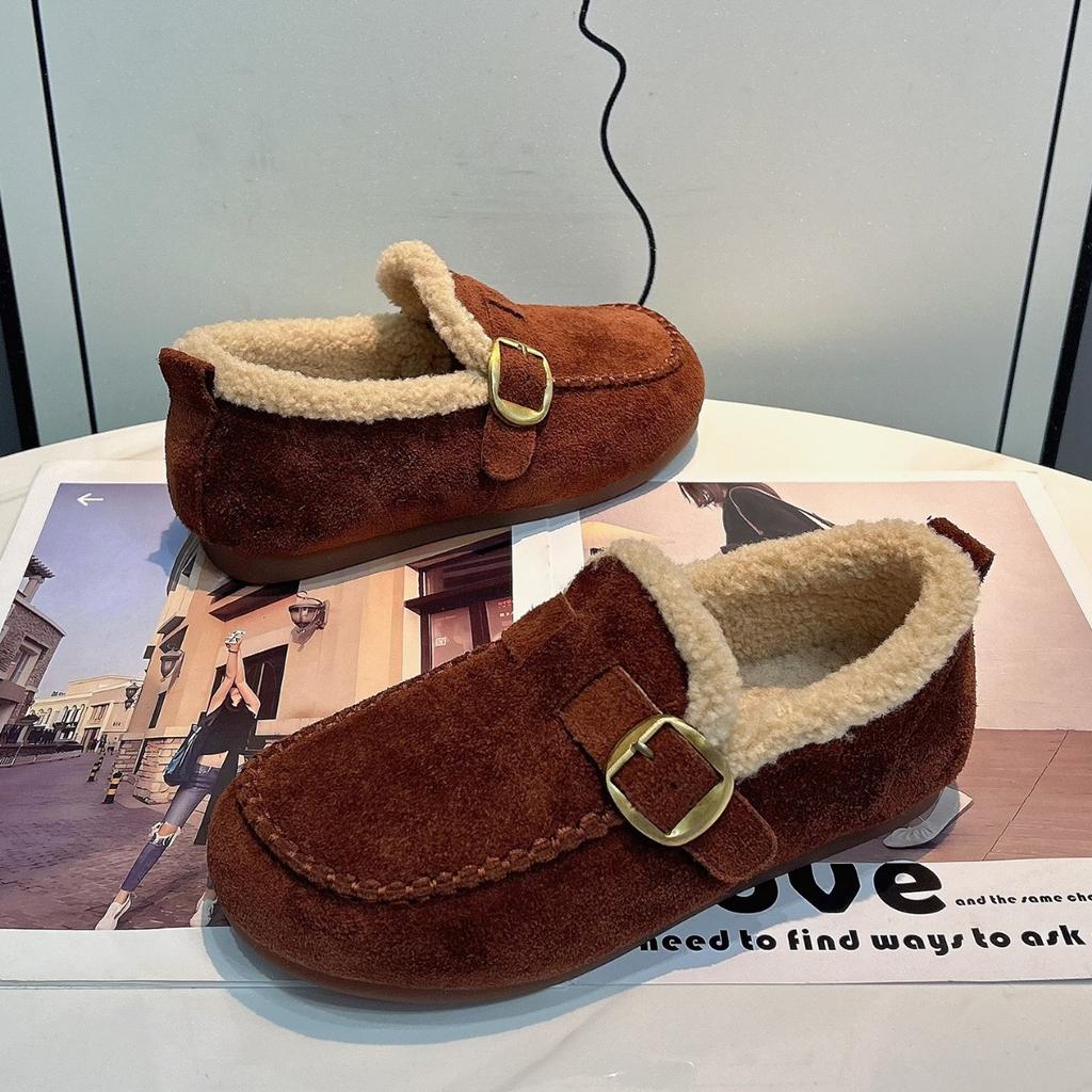 Кожаный вельвет Birkenstocks женские 2025 осень и зима новые ретро слипоны из овечьей шерсти теплые бобы хлопковые туфли для улицы
