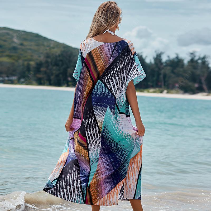 Богемное полосатое бикини, накидки, повседневное свободное летнее платье с v-образным вырезом, туника из полиэстера, пляжная одежда