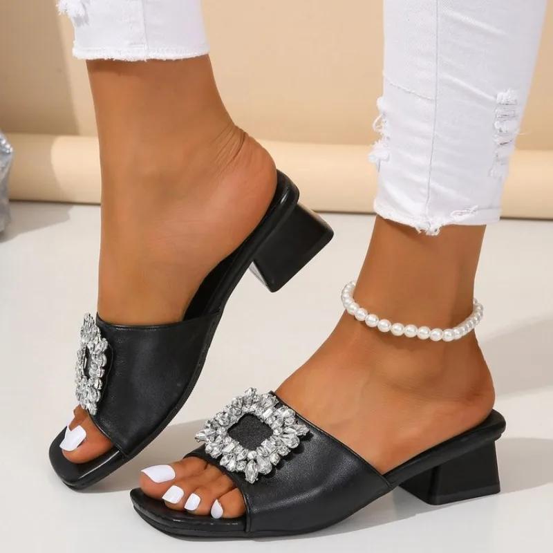 Women's Slippers Summer 2024 Rhinestones Mid Heel Elegant Sandals Female Fashion Outdoor Beach Shoes Slides Chanclas Mujer Playa