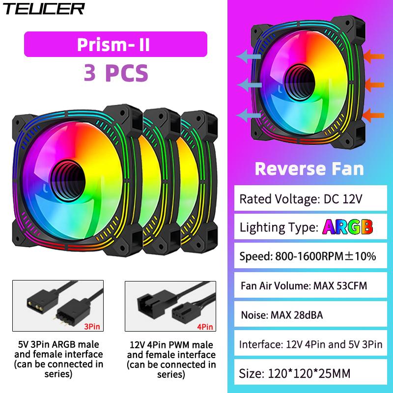 TEUCER Prism-2 1 шт./3 шт. RGB вентилятор для корпуса, 120 мм PWM 800-1600 об/мин 5 В 3-контактный RGB вентилятор для охлаждения игрового ПК