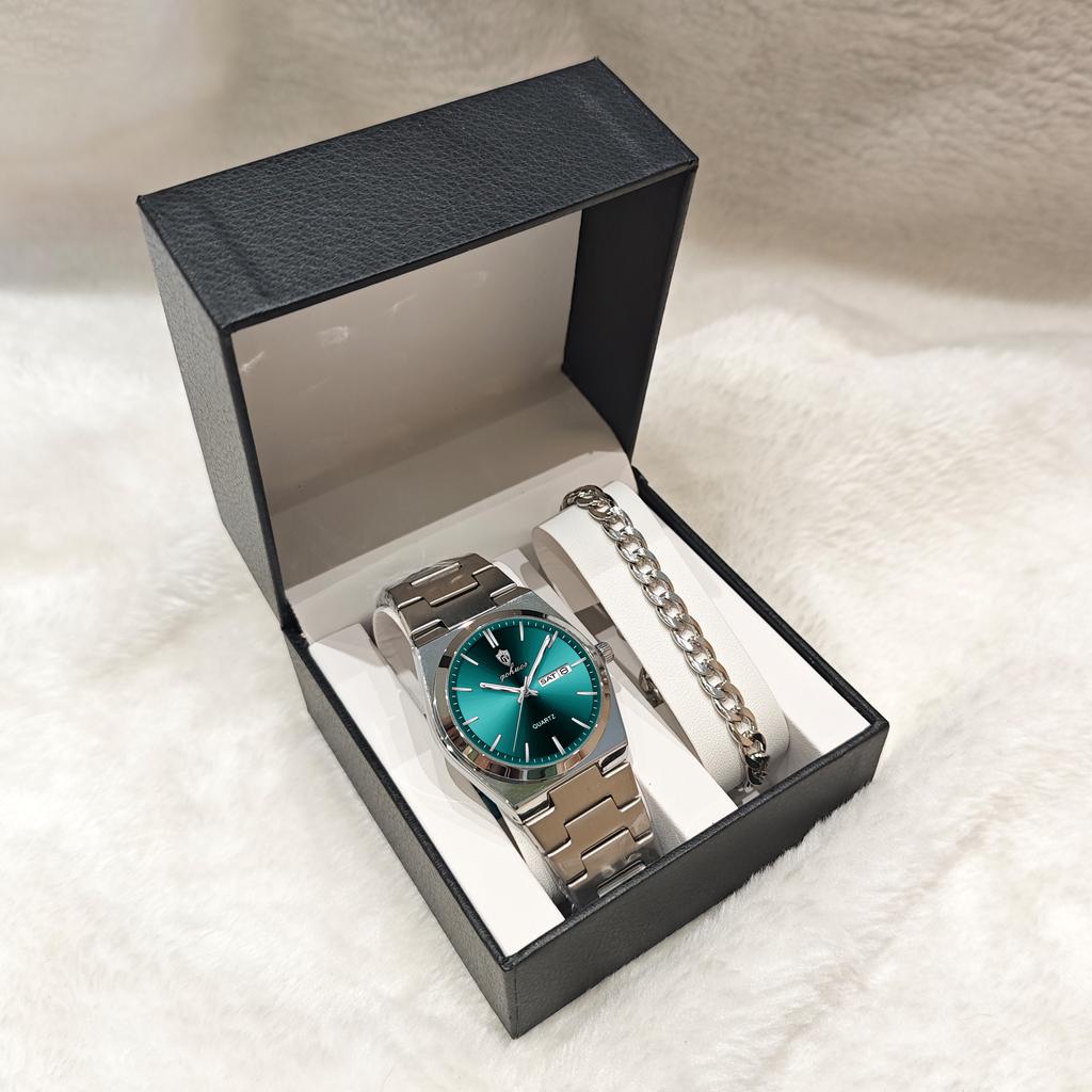 Gohuos 8807 Fashion 3PCS Set Chain Bracelet & Black Leather Box & Men Watch Waterproof Luminous Steel Watches Reloj Montre