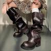 Fashion Brand New Buckle Strap Wasteland Vintage Brown Y2k Knee High Motorcycle Boots Maillard Style Black Trouser Leg Boots Women Shoes