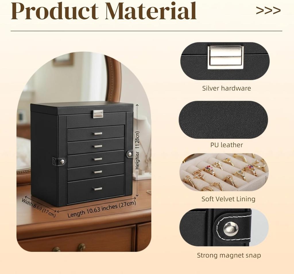 Шкатулка для украшений для женщин, 6-уровневый органайзер с зеркалом, запираемое хранилище, 5 выдвижных ящиков, держатель для ожерелий и серег (Серебристый / Черный)