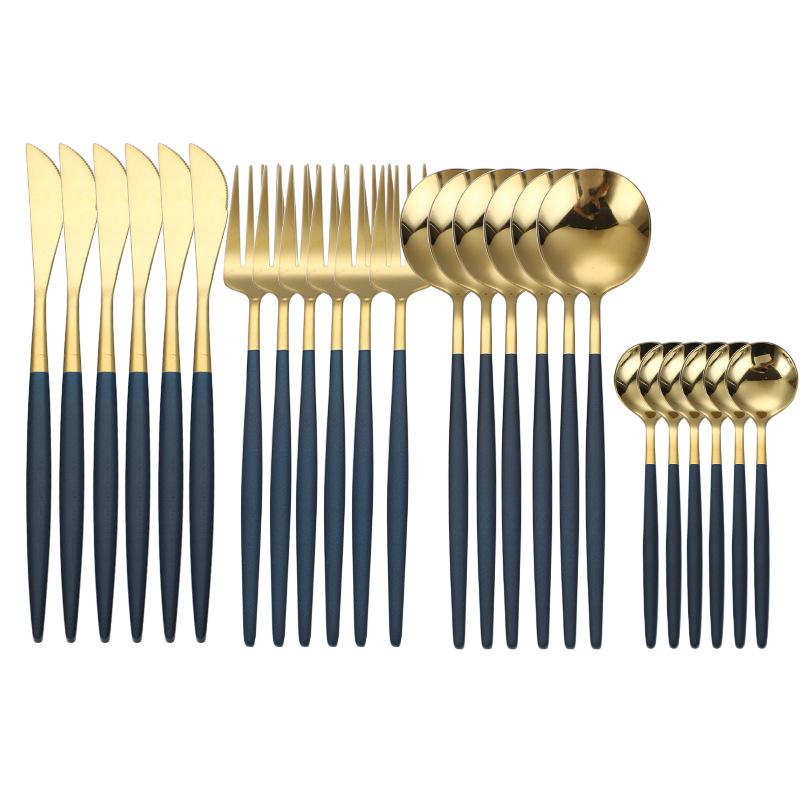 Посуда, набор столовых приборов из нержавеющей стали, черное золото, столовые приборы, обеденный нож, вилка, чайная ложка, кухонный ужин, 24 шт., посуда в западном стиле