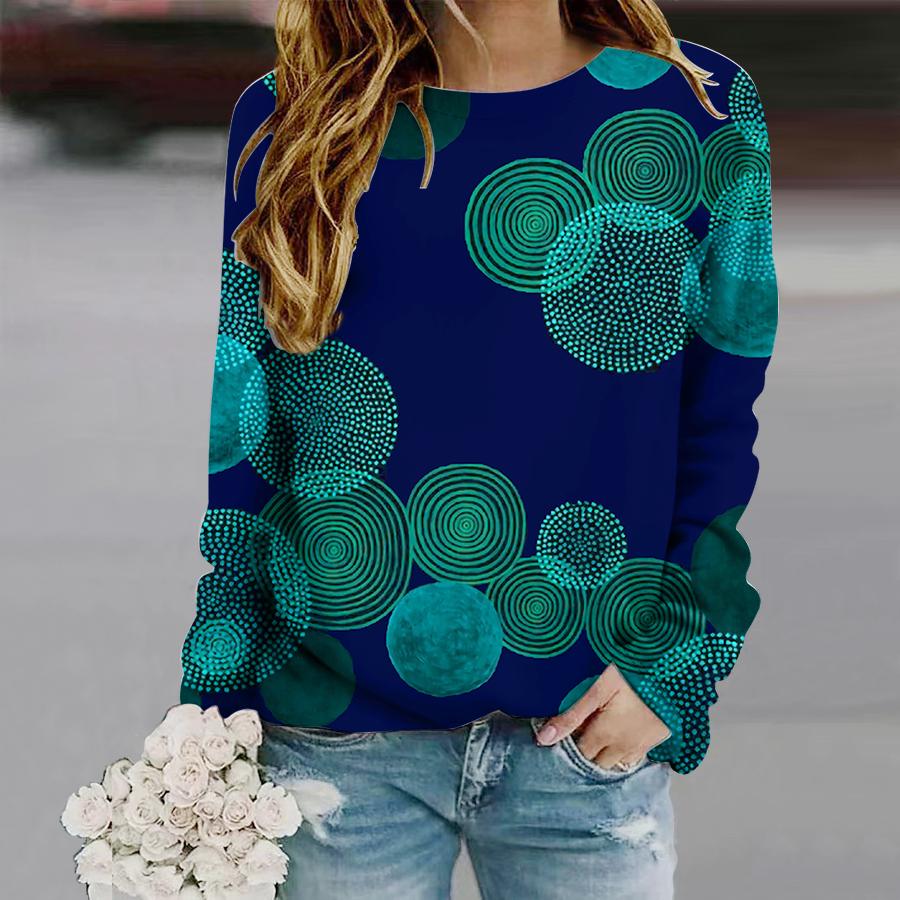 Tops For Women Geometric Circle Print Round Neck Long Sleeve T-shirt Fall Casual Slim Pullover Women's Long Sleeve Top