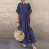 Women Dot Print Maxi Dress Summer Short Sleeve Crew Neck Long Dress Casual Pleated Swing Beach Sundress