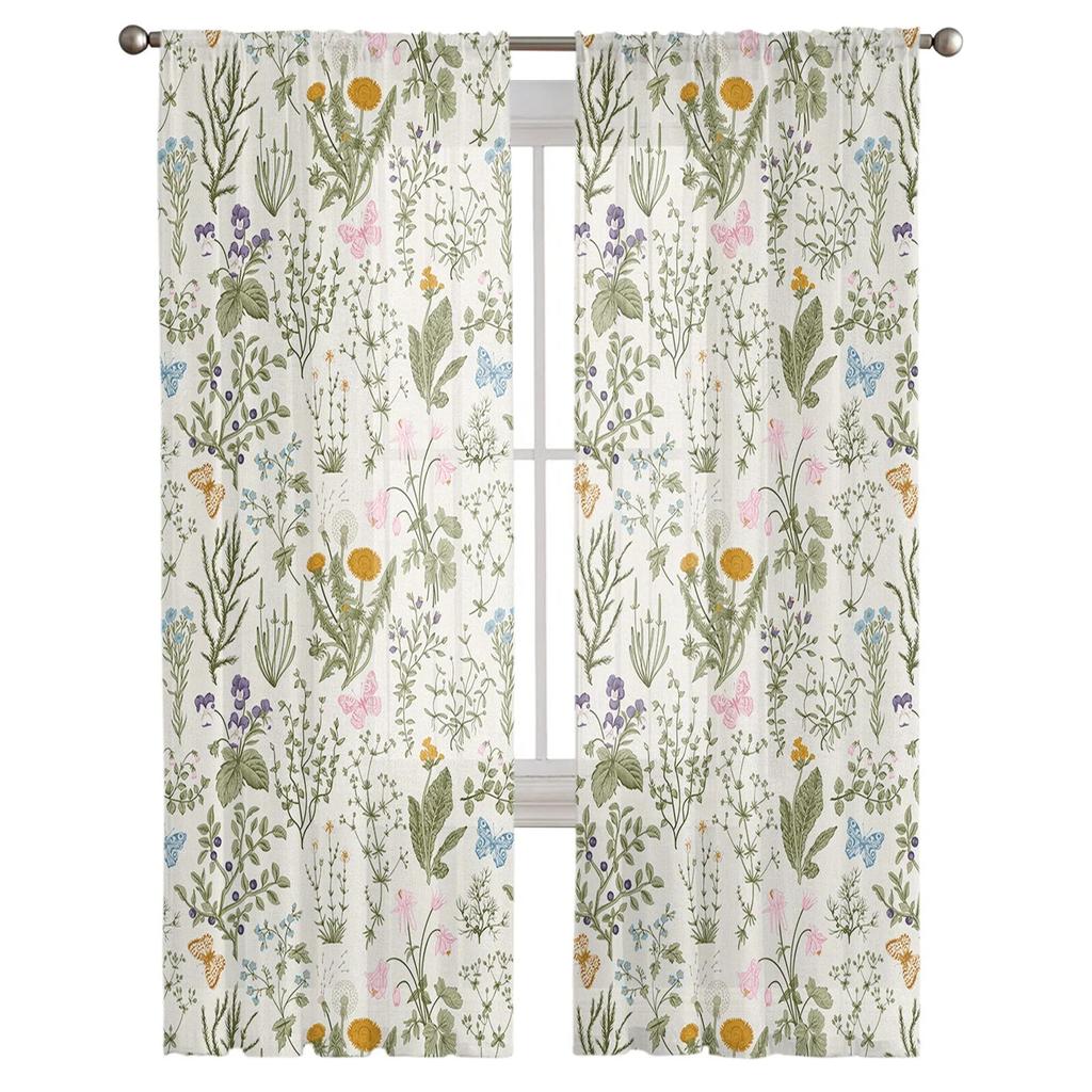 Vintage Herbaceous Floral Texture Sheer Curtains for Living Room Bedroom Kids Room Tulle Window Treatment Drapes