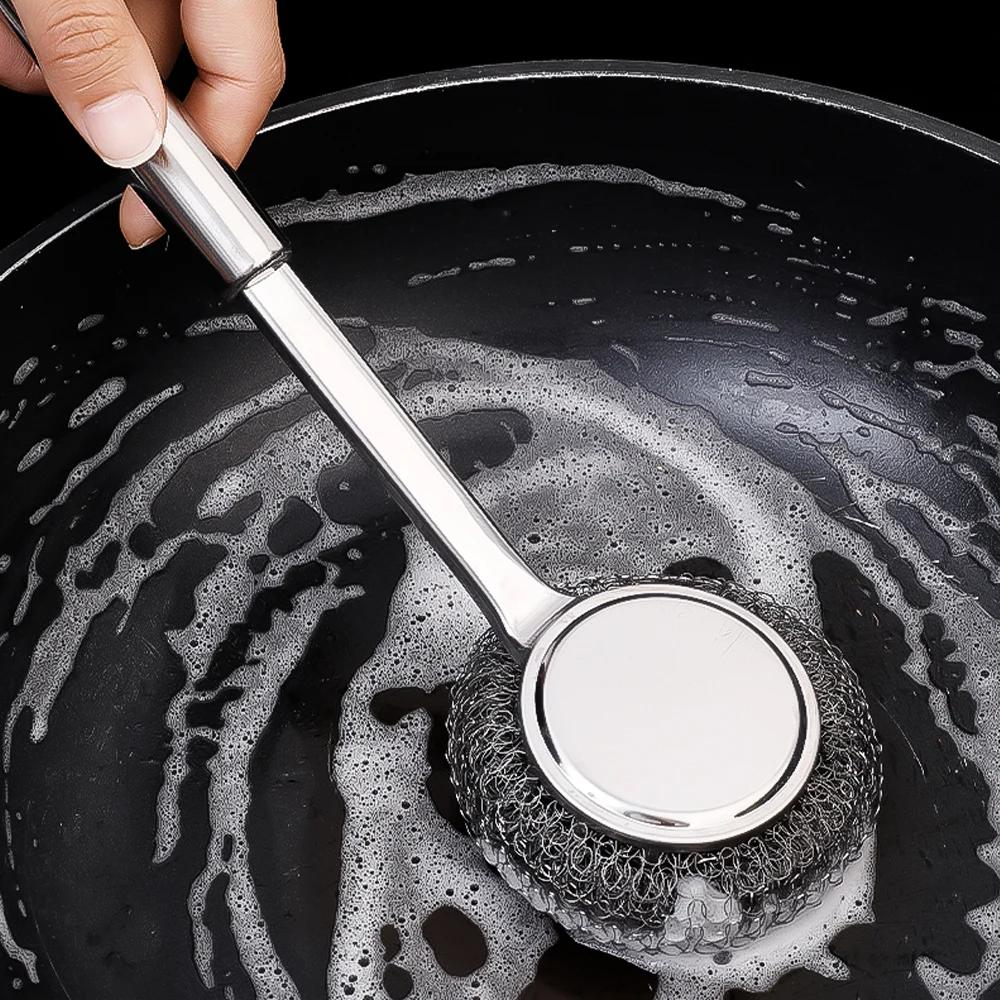 Сильная щетка для очистки с длинной ручкой для кастрюль, кухонная щетка для мытья кастрюль, посуды, стальная проволока, металлическая мочалка