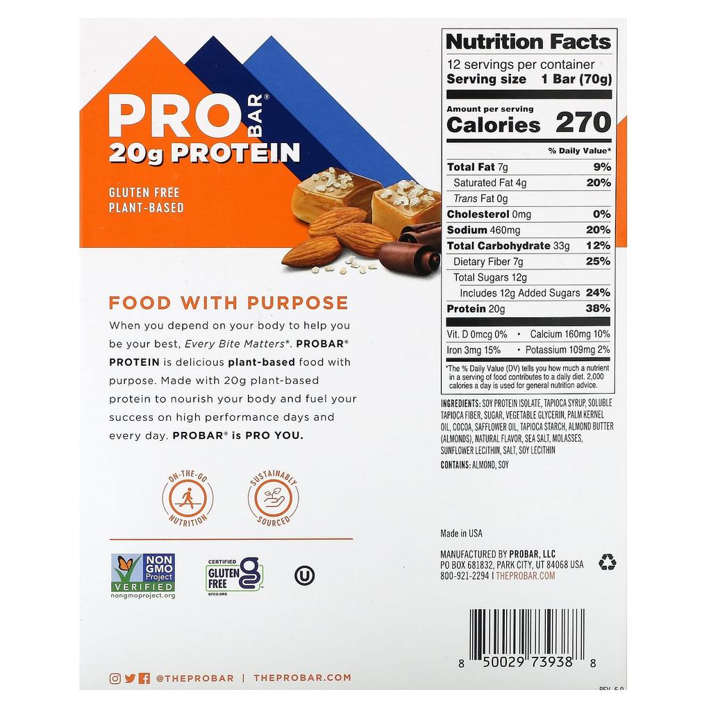ProBar Protein Bar, Sea Salt Caramel, 12 Bars, 70 G (2.47 Oz) Each