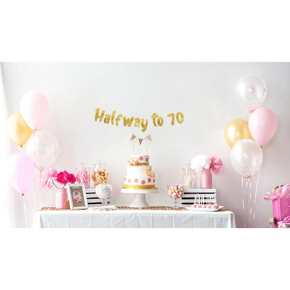 Halfway To 70 Gold Glitter Banner - Happy 35th Birthday Party Banner - 35th Birthday Party Decorations and Supplies - 35th Wedding Anniversary
