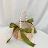 Handmade Pearl Handheld Flower Basket Green White Ribbon Willow Weaving Basket Small Flower Basket Wedding Flower Arrangement