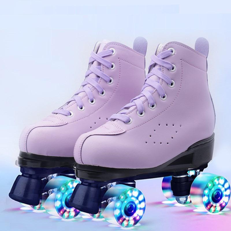 Adult Men's and Women's Double Rows of Leather Models Green Skates Four Roller Skates Pink Purple Flash Wheel Double Rows of Roller Skates