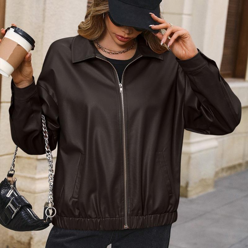 Женская повседневная куртка из искусственной кожи с коротким рукавом и молнией из искусственной кожи, однотонные куртки с лацканами