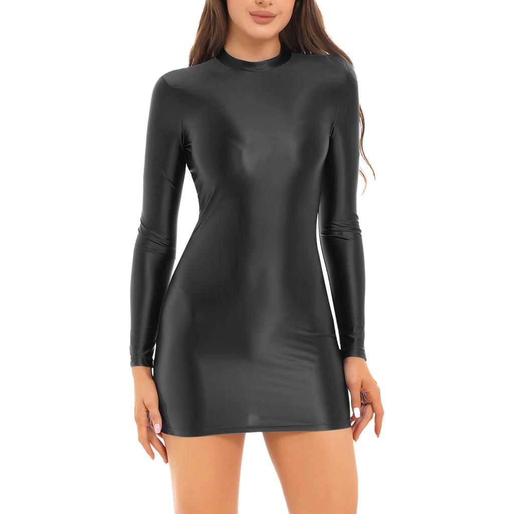 Womens Glossy Long Sleeve Bodycon Dress Nightwear Solid Color Smooth Stretchy Mock Neck Tight Dresses