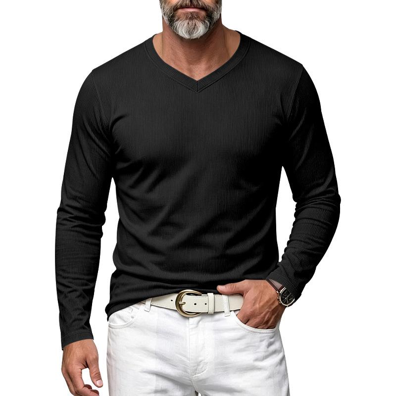 Men's V Neck Vertical Ribbed Long Sleeve T‑Shirt Elastic Slim Fit Basic Knit Tee Casual Daily Wear Male Pullover Tops