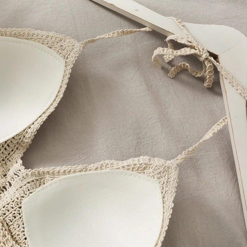 Сексуальный пляжный отдых в стиле бохо, камзол с лямкой на шее, женский вязаный купальник, бюстгальтер, жилет с открытой спиной, полые топы на бретелях с кисточками, женские укороченные топы