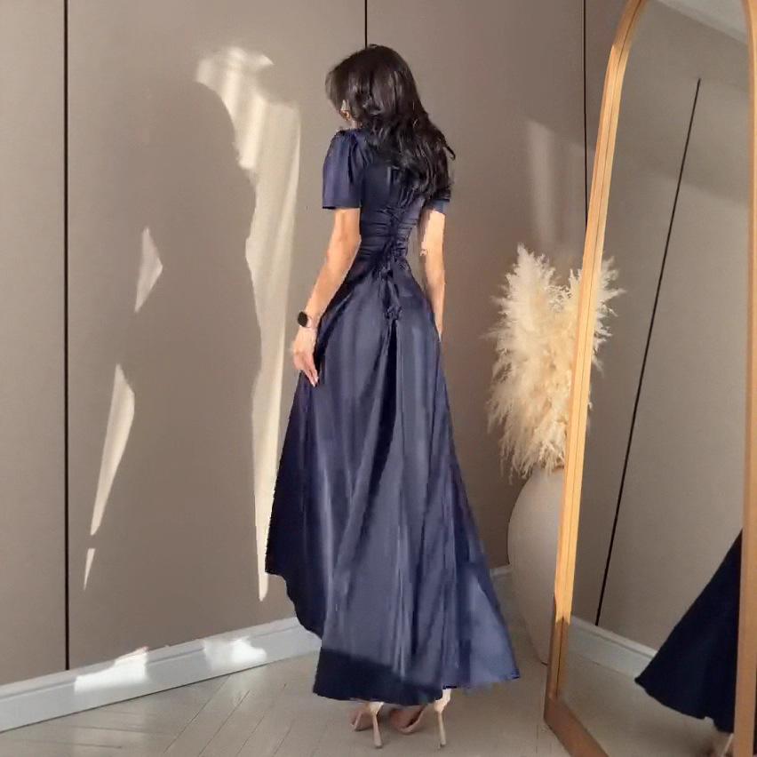 Элегантное европейское и американское летнее платье 2025 года в стиле Хепберн с открытой спиной, на шнуровке и с пышными рукавами для женщин