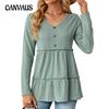 Spring and Autumn Women's Blouse V-neck Solid Color Button Patchwork Long Sleeve Loose Top