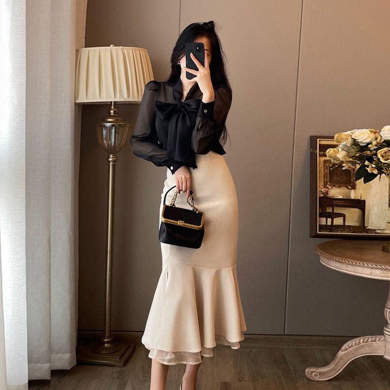 Women's Black Fishtail Skirt & Long-Sleeve Shirt Two-Piece Set - Early Spring 2024