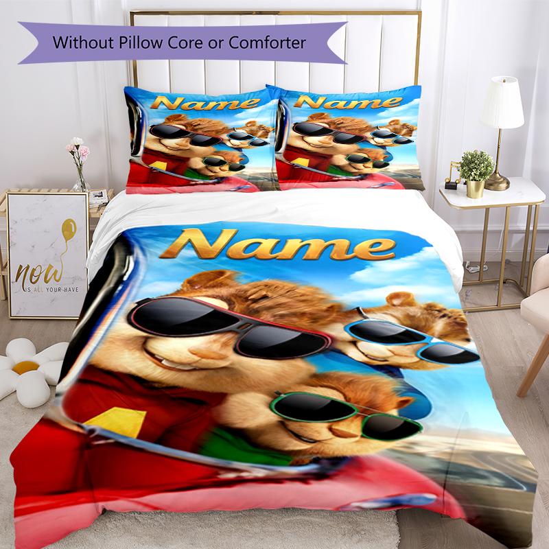 3pcs Custom Name Alvin and the Chipmunks Bedding Set Duvet Cover Closure Includes 1 Duvet Cover & 2 Pillowcases, Soft and Comfortable for All Seasons.