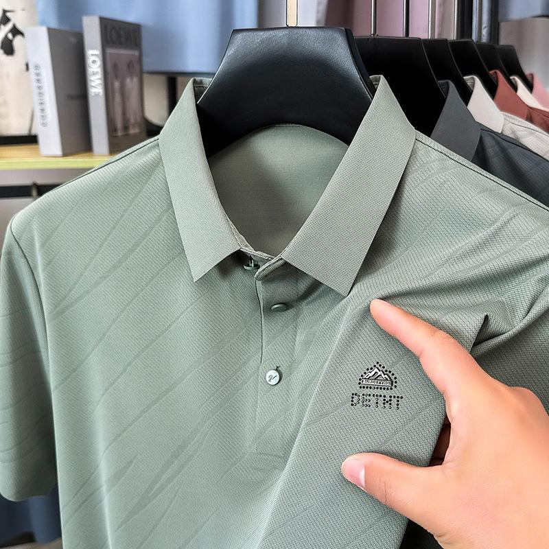 Мужская футболка-пуловер с лацканами из шелка Ice Silk с короткими рукавами, модная рубашка-поло, повседневный топ для отца