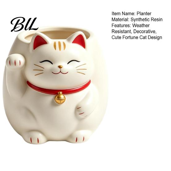 Durable Waterproof Resin Planter Cute Fortune Cat Planter, Beckoning Kitty Flower Pot, Auspicious Cartoon Animal Pot Plant for Succulents, Indoor