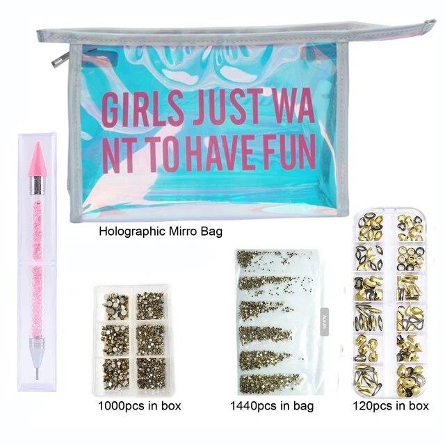 Набор нефиксирующих страз/хрустальное стекло, стразы для горячей фиксации в зеркальной сумке из фольги, маникюрная ручка, аксессуары для дизайна ногтей со стразами