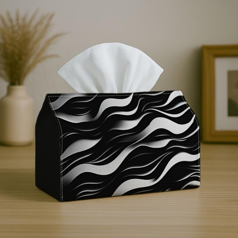 1pc Contemporary Abstract Monochrome Tissue Holder - Wave Design in Black And White, Sturdy Napkin Organizer for Vehicle, Kitchen, Dining, Home Decora