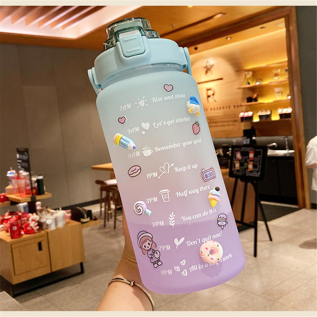 2L Sports Straw Water Bottle With Stickers Portable Large Capacity Fitness Bike Cup Summer Ice Cold Water Jug With Time Marker