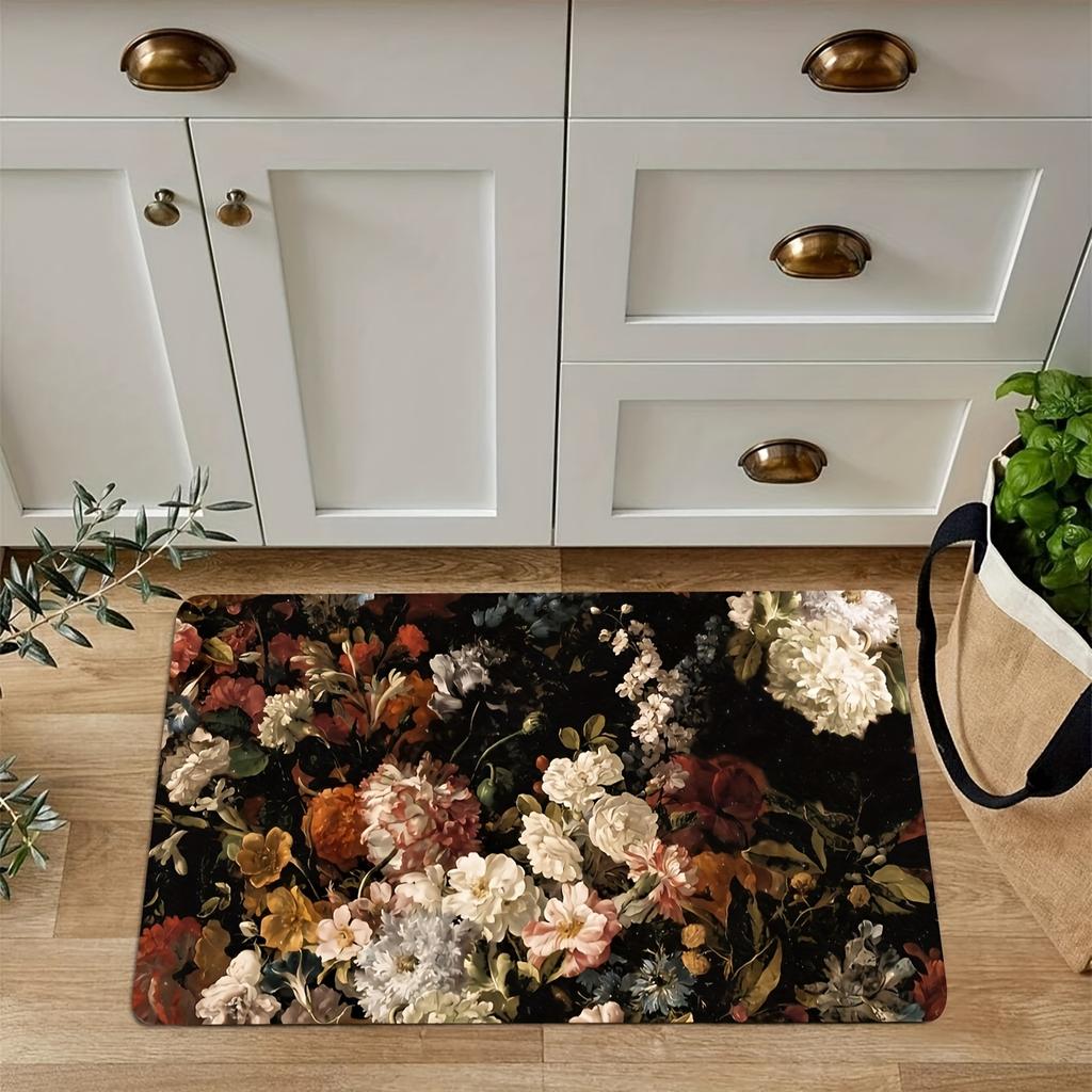 1Pcs Anti Fatigue Kitchen Rugs, Floral Print Waterproof Non-Slip Thick Cushioned Kitchen Mat Heavy Duty Comfort Standing Mat for Kitchen