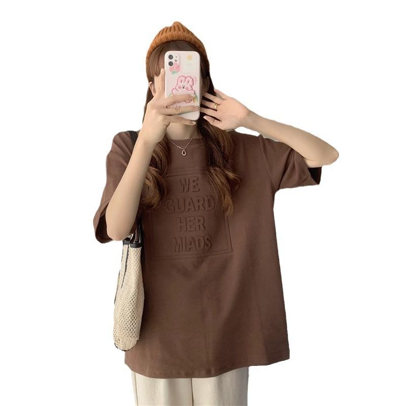 Выпуклые буквы Печать Летняя свободная футболка с короткими рукавами Женская студенческая футболка Женская базовая рубашка Женская одежда