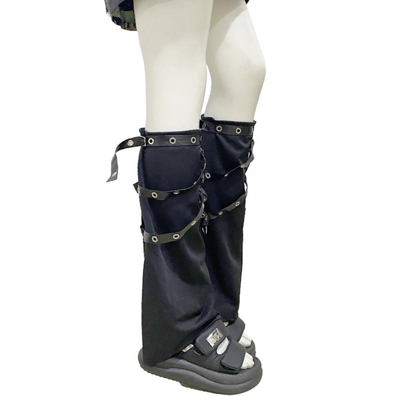 Women Punk Lace Up Straps Flared Leg Warmers Japanese Harajuku Eyelets Knee Length Foot Cover Long Tube Socks Streetwear