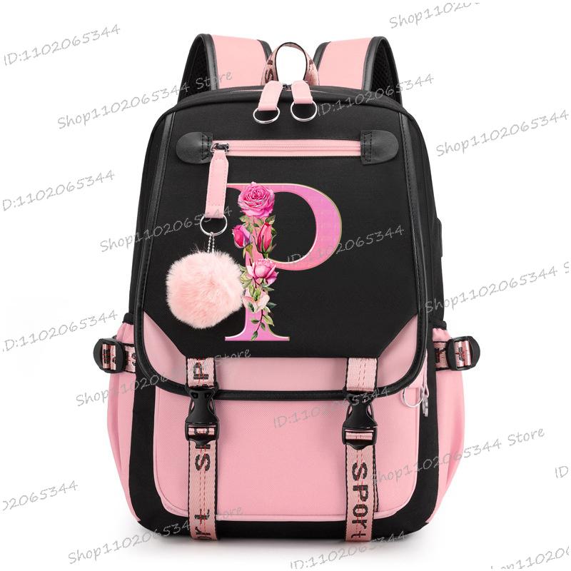 Подростковые рюкзаки Black Pink 26 инициалов Цветок Алфавит от А до Я Большая вместимость Харадзюку Мода Молния Эстетичный Школьная сумка для студентов