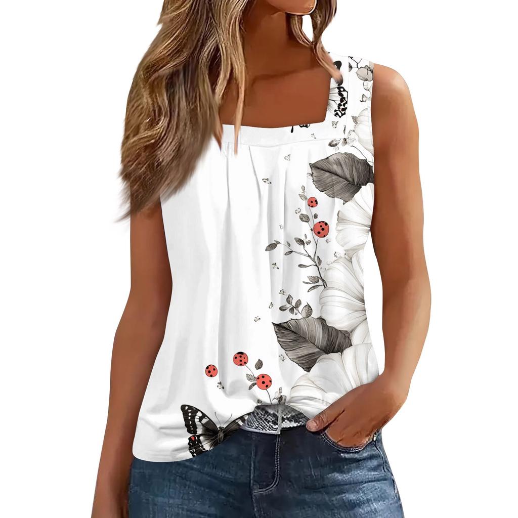 Женская плиссированная футболка без рукавов с квадратным воротником и принтом