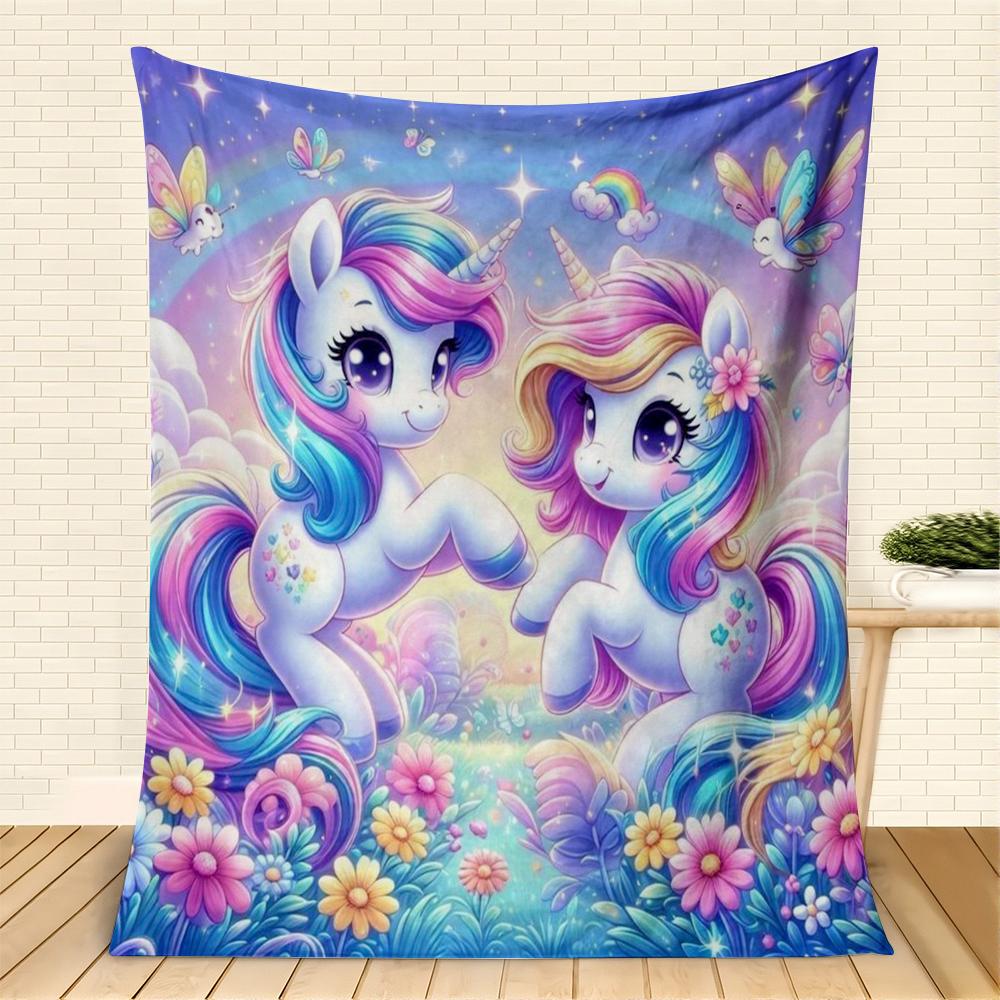 Cartoon Unicorn Fleece Blanket Rainbow Butterfly Floral Printed Throw Blanket Soft Cozy Fantasy Style Blanket for Kids Portable