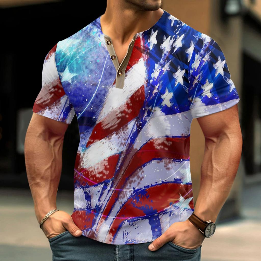 Винтажная летняя мужская футболка, уличная одежда, 3 пуговицы, свободная одежда, футболка с коротким рукавом и принтом