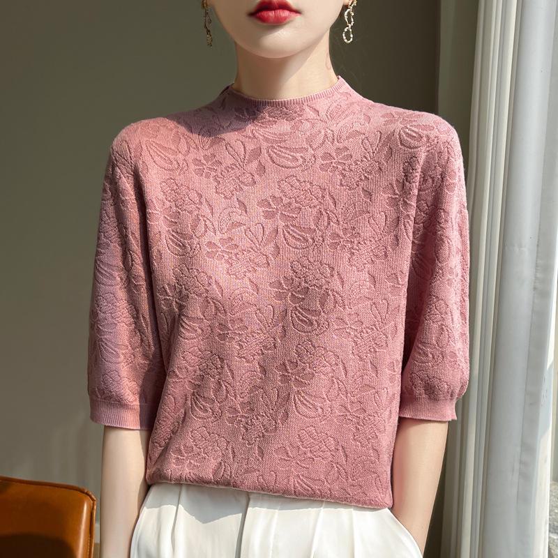 Универсальная женская футболка с короткими рукавами и полувысоким воротником из жаккардового шелкового трикотажа в корейском стиле