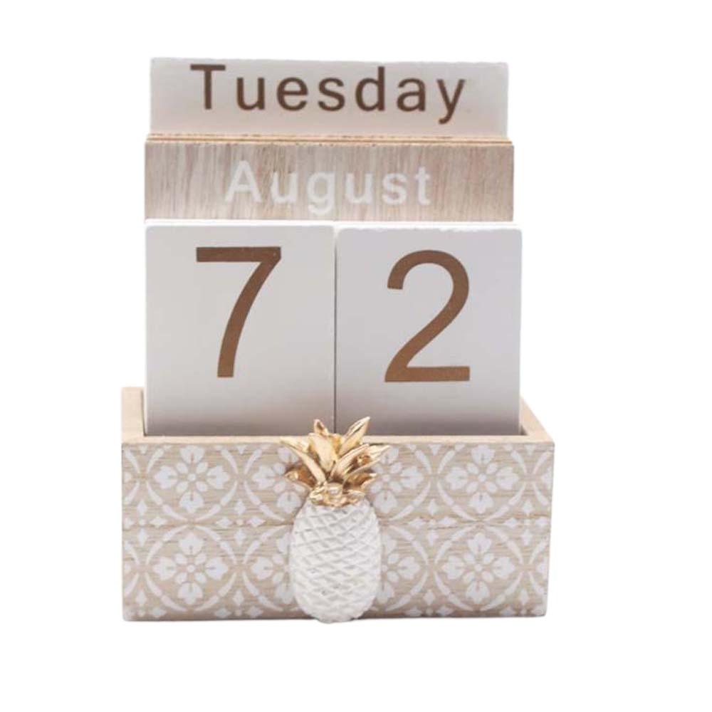 Pineapple Desk Calendar Ornament Cactus Date Display Ornament Wooden Perpetual Calendar Office