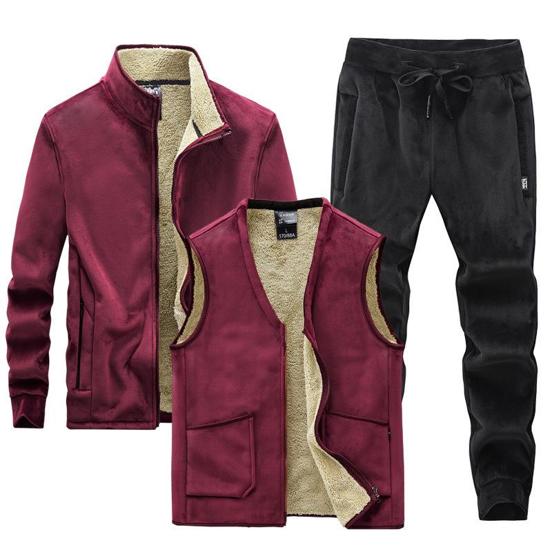 Флисовый свитер, мужской костюм ягненка, осенне-зимний комплект с капюшоном для отдыха среднего возраста, комплект из трех предметов