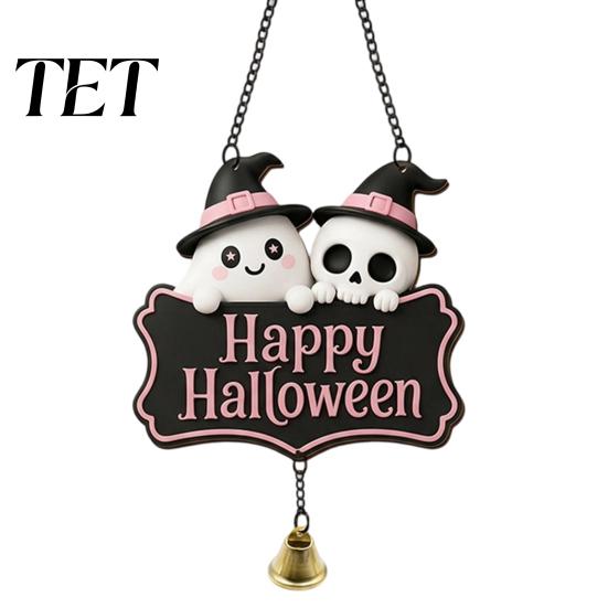 Decorative Skull Doorbell Halloween Cute Witch Hat Ghost Door Sign, Wooden Hanging Decoration, Pink Sign Pendants for Indoor Outdoor Home Wall
