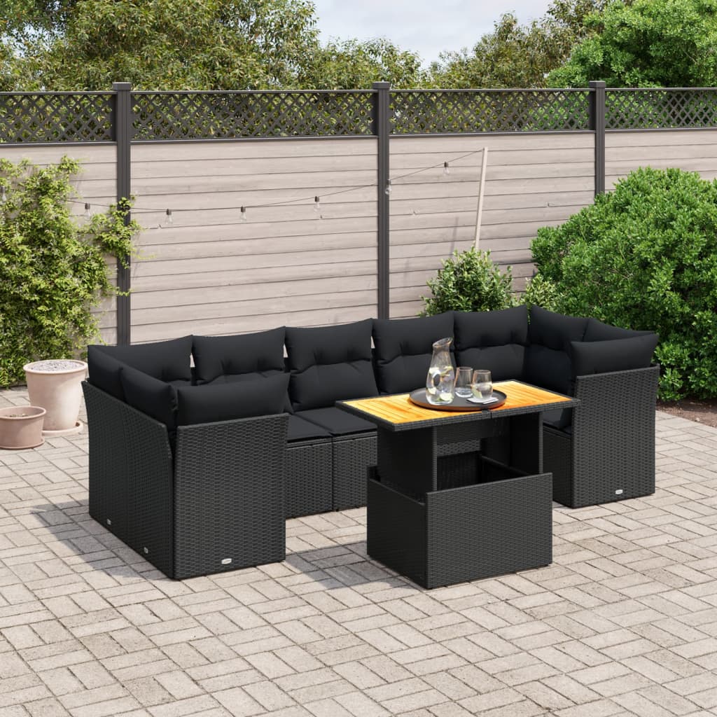8 piece Garden Sofa Set with Cushions Black Poly Rattan