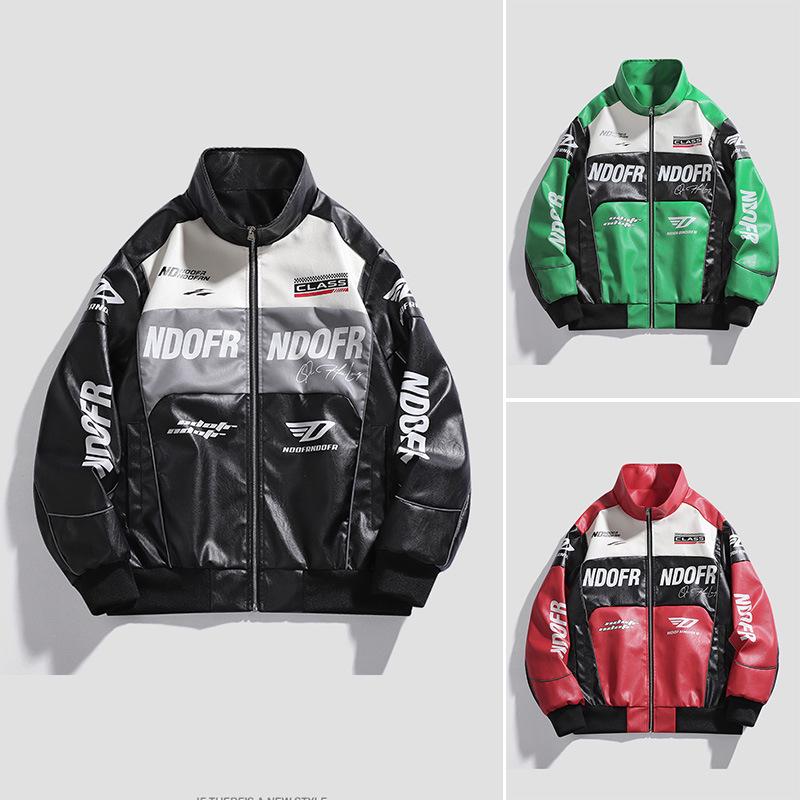 2025 Мужская стильная гоночная кожаная куртка контрастного цвета: Пальто в гонконгском стиле