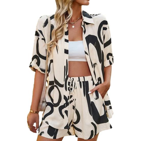 2 шт./компл., женская рубашка, комплект с шортами, соответствующий цвету, с принтом и лацканами, свободные однобортные однобортные шорты с короткими рукавами и эластичной резинкой на талии, повседневный комплект с топом и шортами