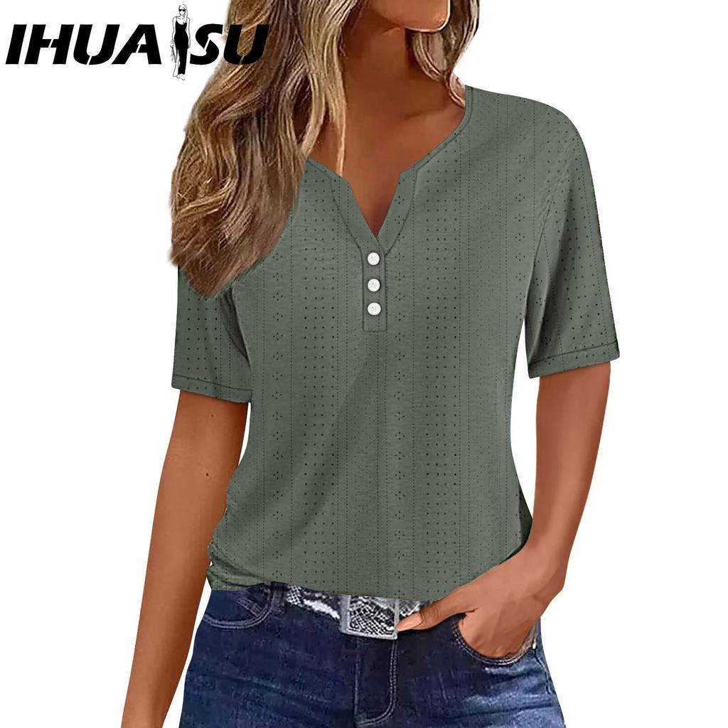 IHUASU Женские модные повседневные летние однотонные блузки и рубашки с v-образным вырезом и короткими рукавами с принтом